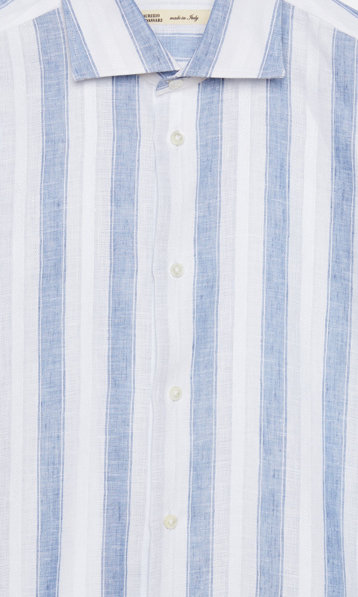 BLUE AND WHITE EMBROIDERED AWNING STRIPE LINEN SHIRT