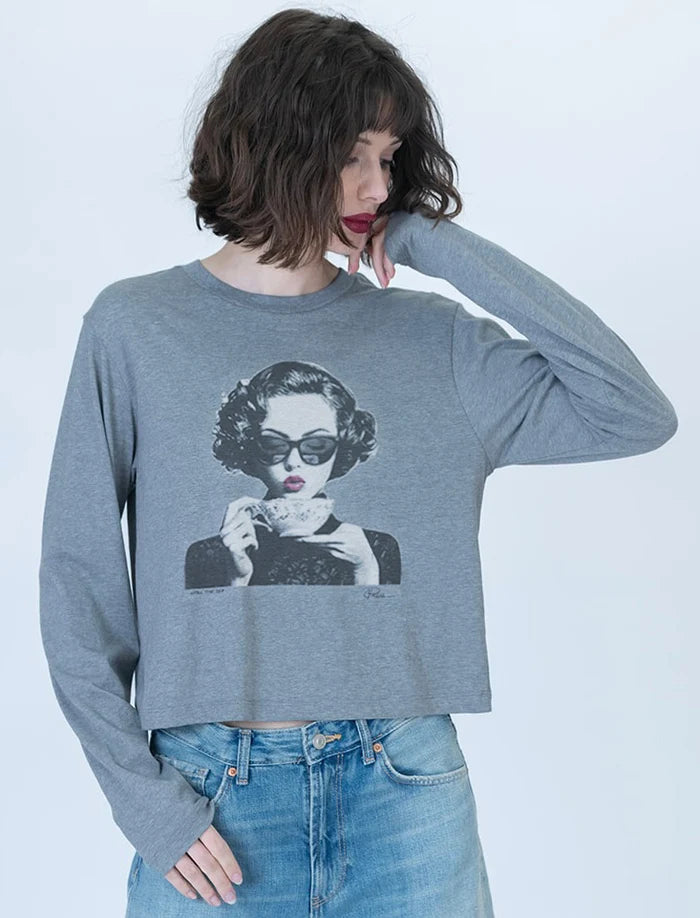 SPILL THE TEA LONG SLEEVE TEE- HEATHER GREY