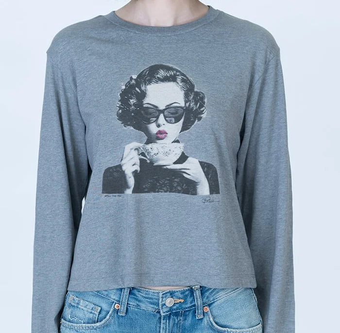 SPILL THE TEA LONG SLEEVE TEE- HEATHER GREY