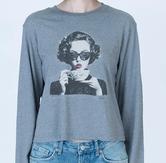 SPILL THE TEA LONG SLEEVE TEE- HEATHER GREY
