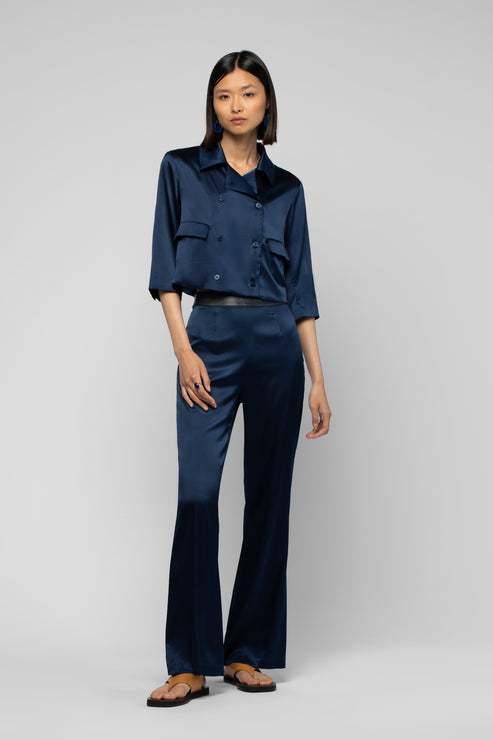 BALICIA SILK PANT WITH LEATHER DETAIL - MARINE