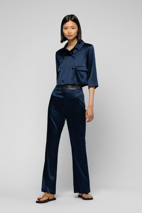 BALICIA SILK PANT WITH LEATHER DETAIL - MARINE