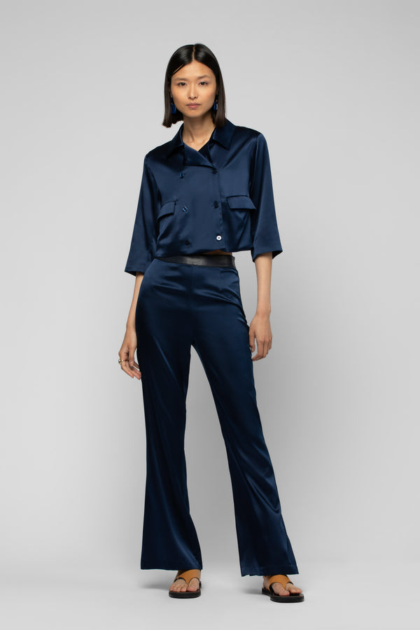 BALICIA SILK PANT WITH LEATHER DETAIL - MARINE