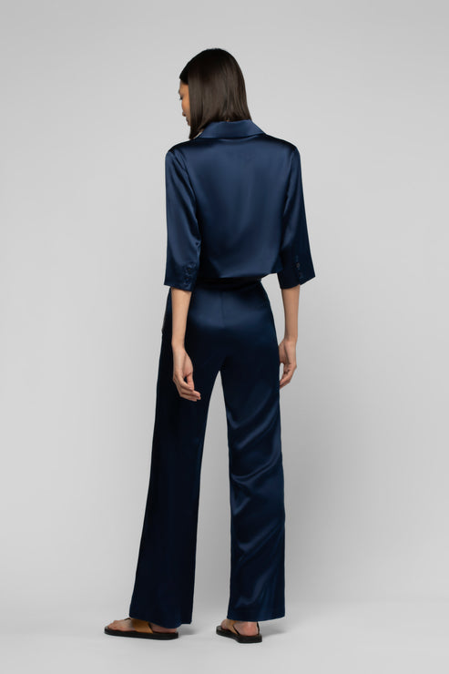 BALICIA SILK PANT WITH LEATHER DETAIL - MARINE