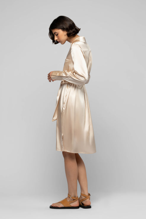 RAESA SILK SHIRT DRESS WITH LEATHER DETAIL - BEIGE