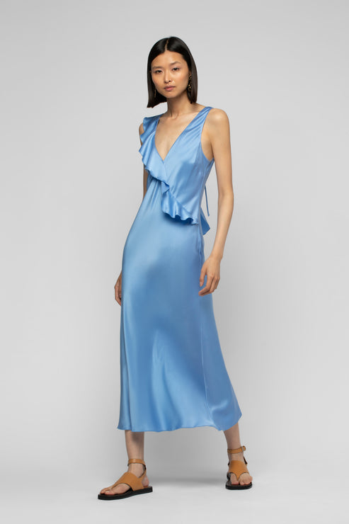 RARTHEMIS LONG SILK DRESS WITH RUFFLES - DENIM