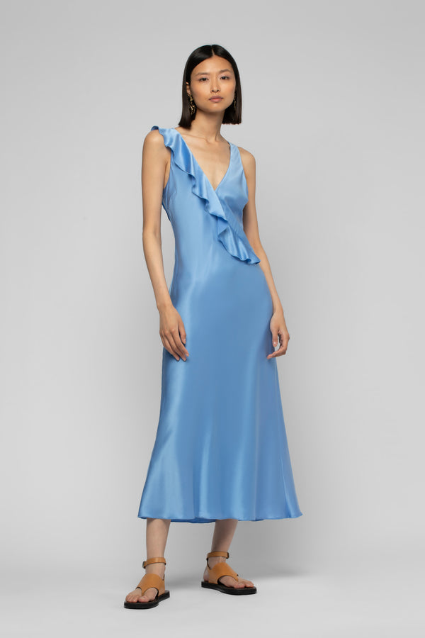 RARTHEMIS LONG SILK DRESS WITH RUFFLES - DENIM