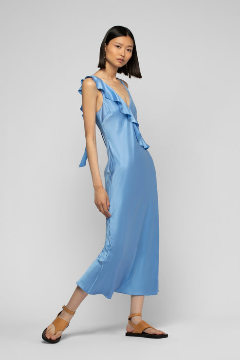 RARTHEMIS LONG SILK DRESS WITH RUFFLES - DENIM