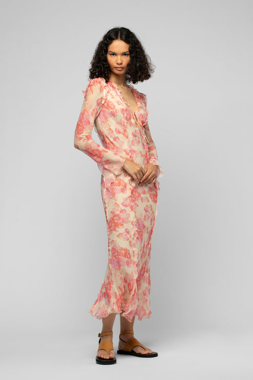 RAZIA LONG FLOWER PRINT DRESS WITH RUFFLES - CORAL