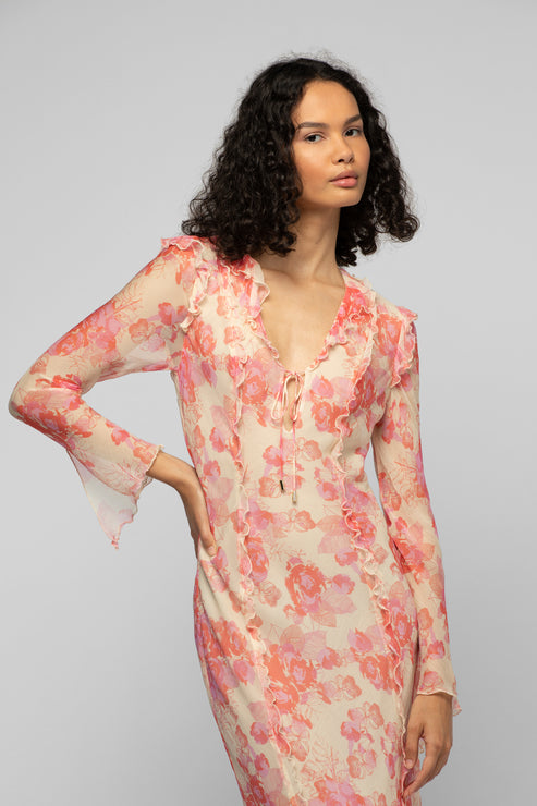 RAZIA LONG FLOWER PRINT DRESS WITH RUFFLES - CORAL
