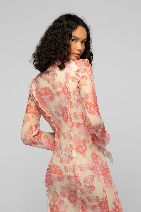RAZIA LONG FLOWER PRINT DRESS WITH RUFFLES - CORAL