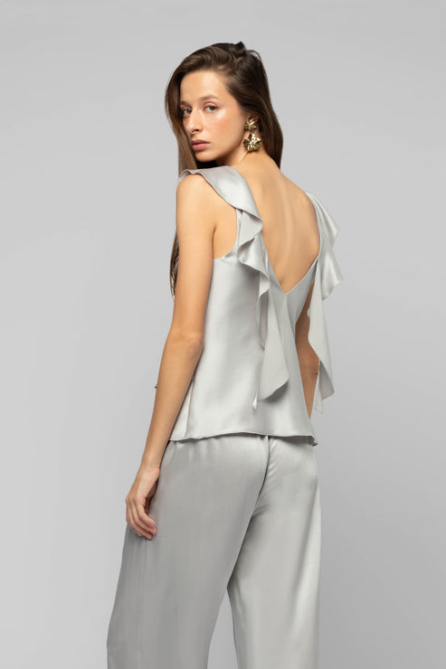 TANTOINETTE SILK TOP WITH RUFFLES - GREY