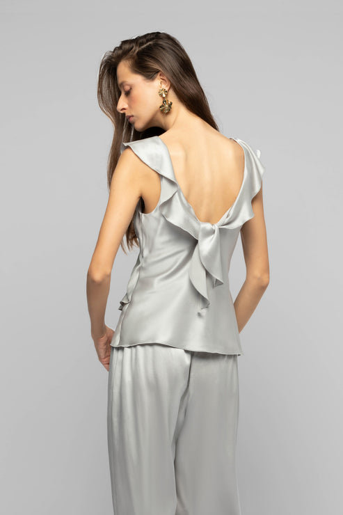 TANTOINETTE SILK TOP WITH RUFFLES - GREY