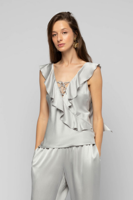TANTOINETTE SILK TOP WITH RUFFLES - GREY