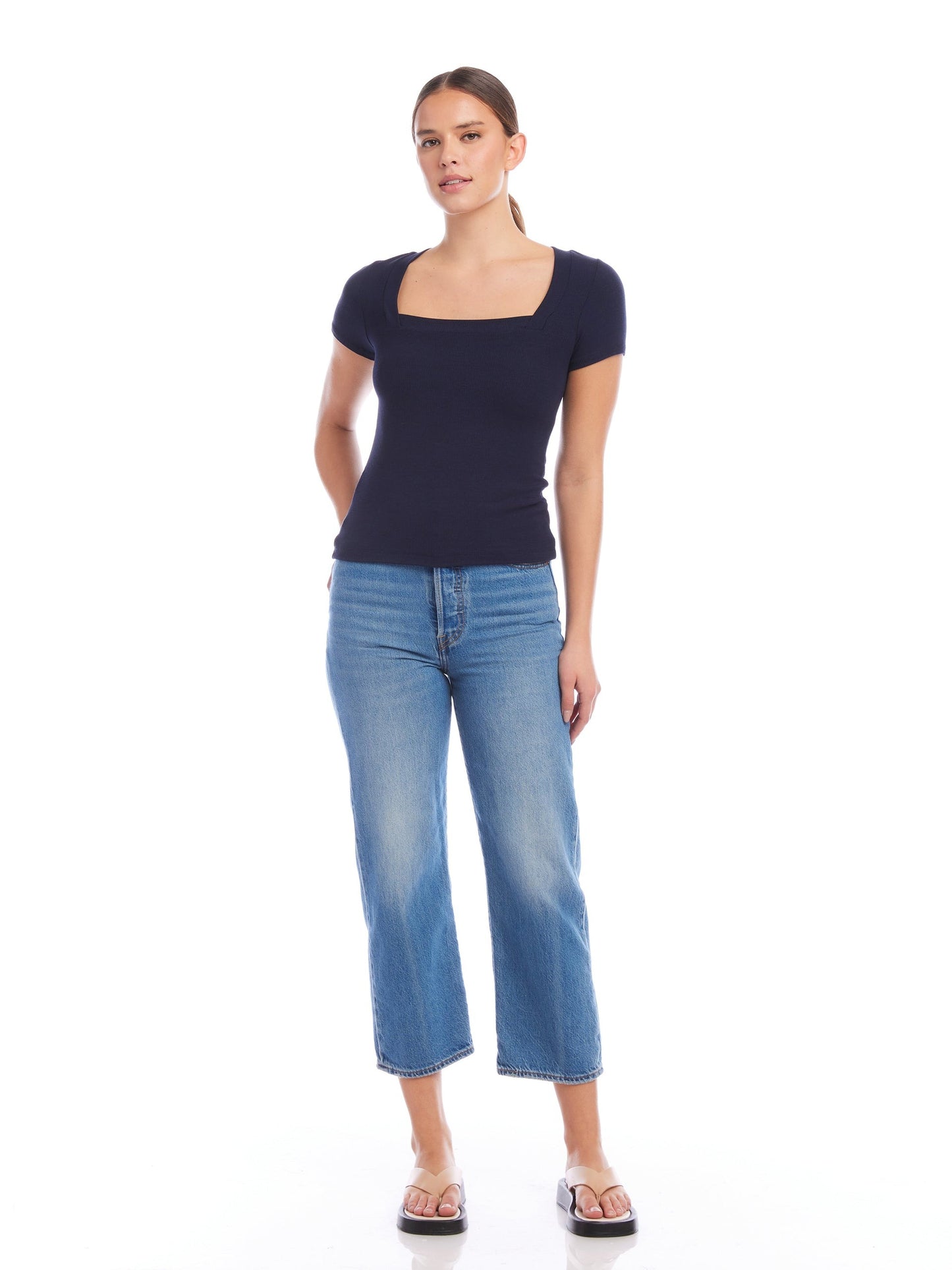 MINDY BAMBOO RIB KNIT T-SHIRT - NAVY