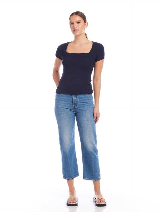 MINDY BAMBOO RIB KNIT T-SHIRT - NAVY
