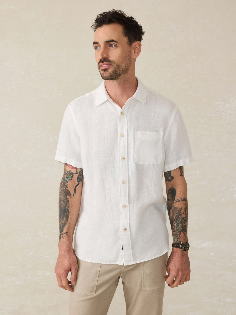 SHORT SLEEVE PALMA LINEN SHIRT - HORIZON IVORY STRIPE