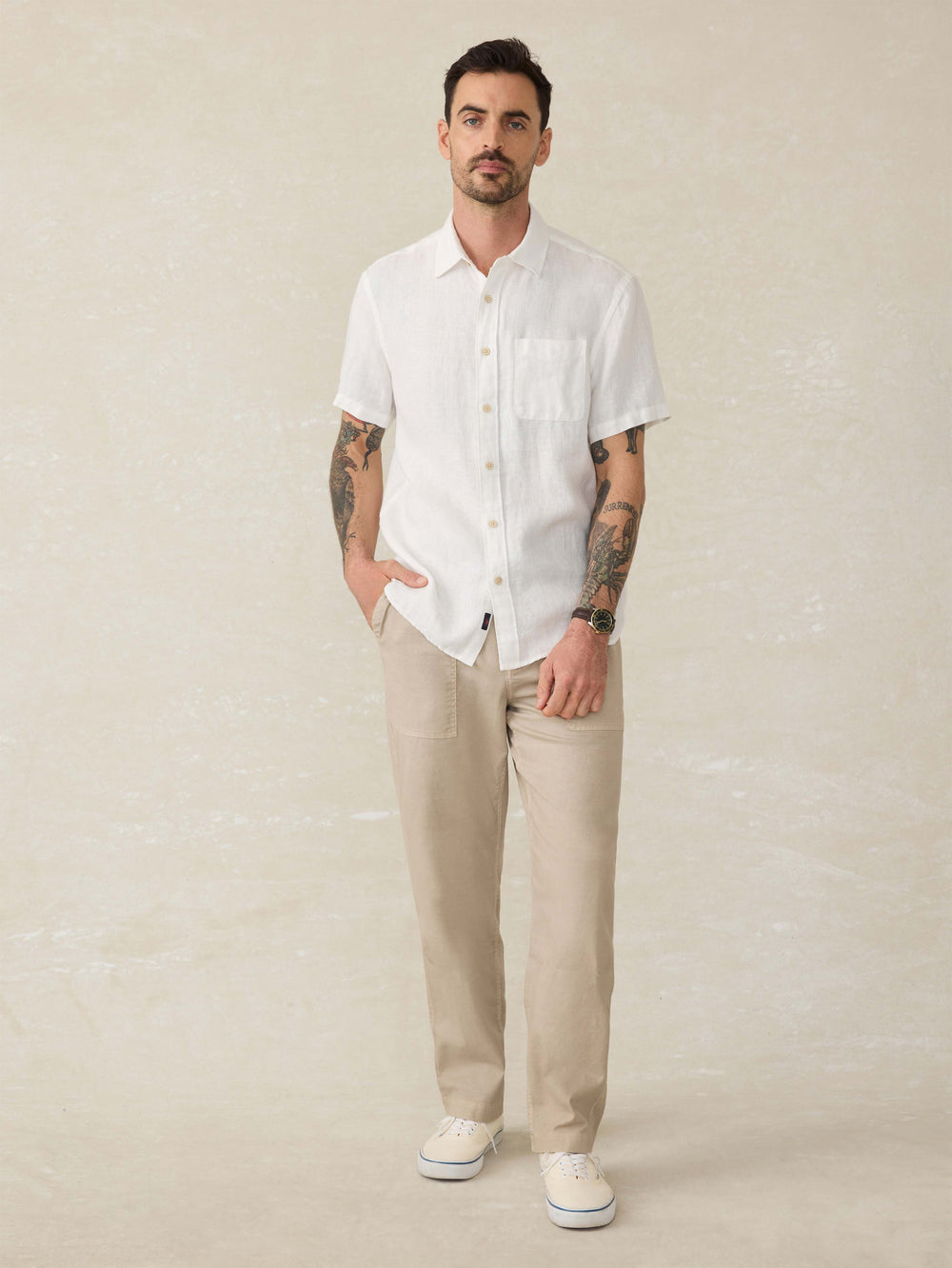 SHORT SLEEVE PALMA LINEN SHIRT - HORIZON IVORY STRIPE