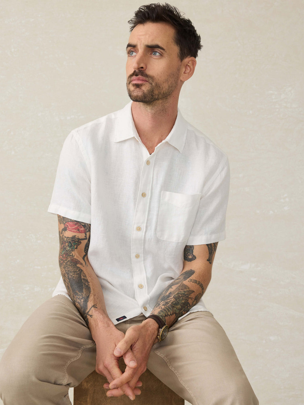 SHORT SLEEVE PALMA LINEN SHIRT - HORIZON IVORY STRIPE