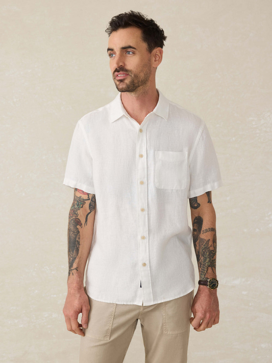 SHORT SLEEVE PALMA LINEN SHIRT - BRIGHT WHITE BASKETWEAVE