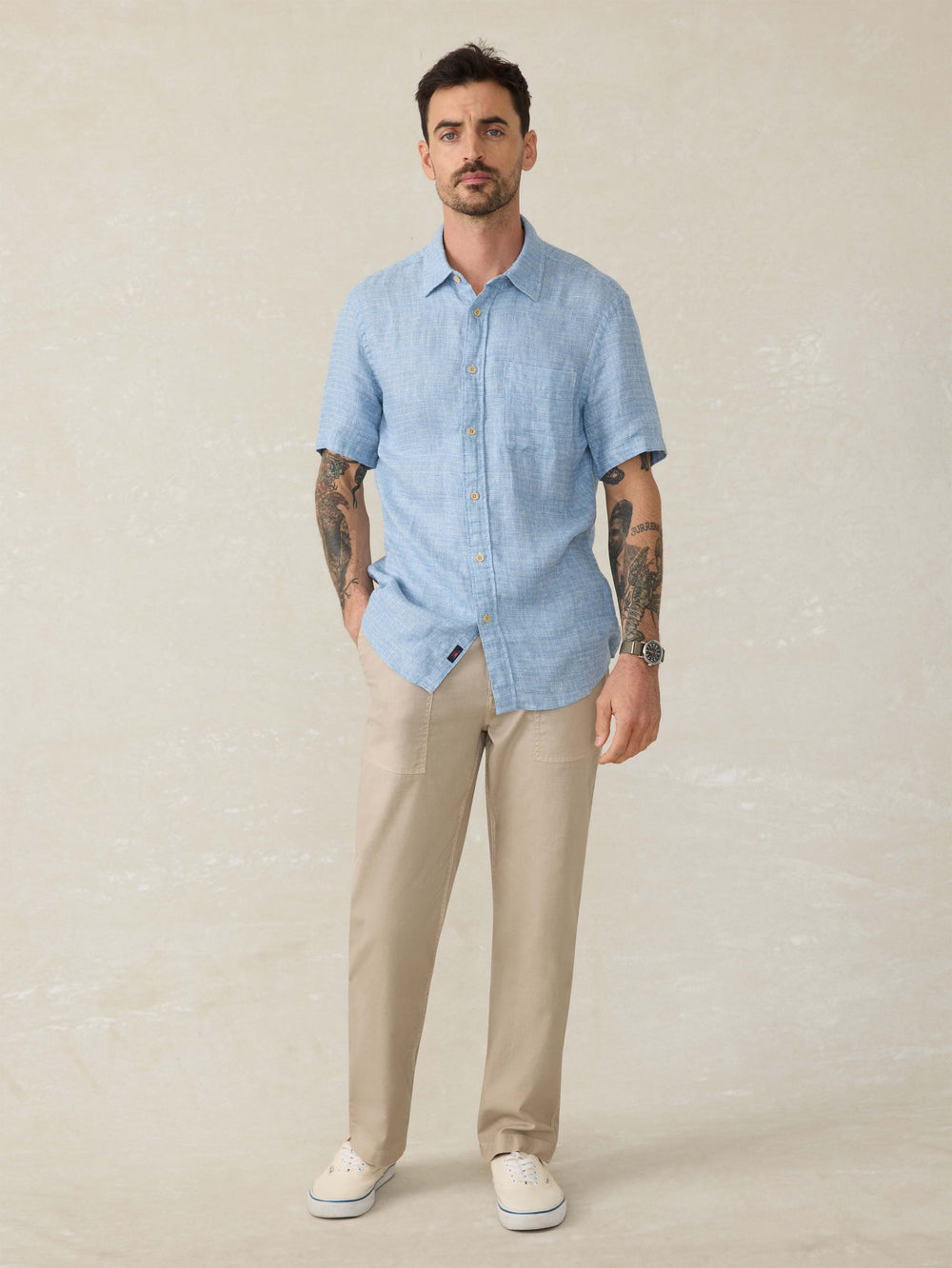 SHORT SLEEVE PALMA LINEN SHIRT - BLUE BASKETWEAVE