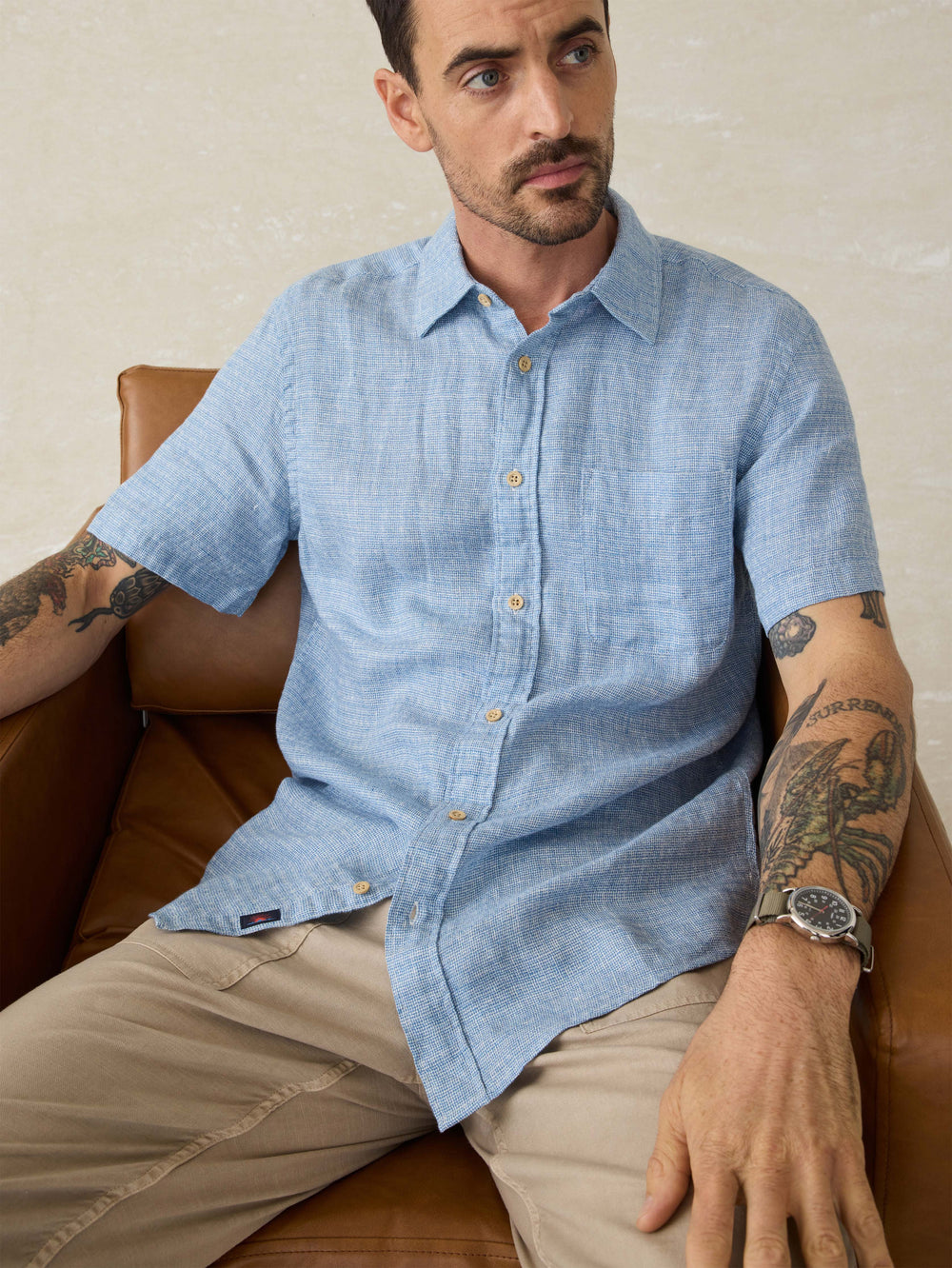 SHORT SLEEVE PALMA LINEN SHIRT - BLUE BASKETWEAVE