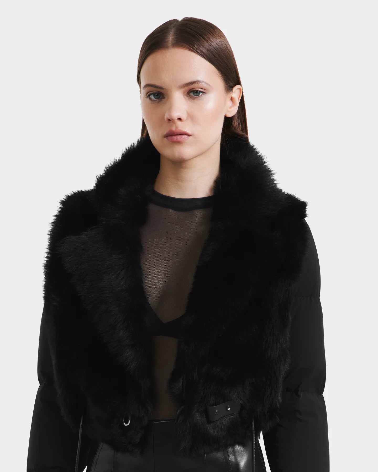 LILAH SHEARLING & NYLON CROPPED JACKET - BLACK