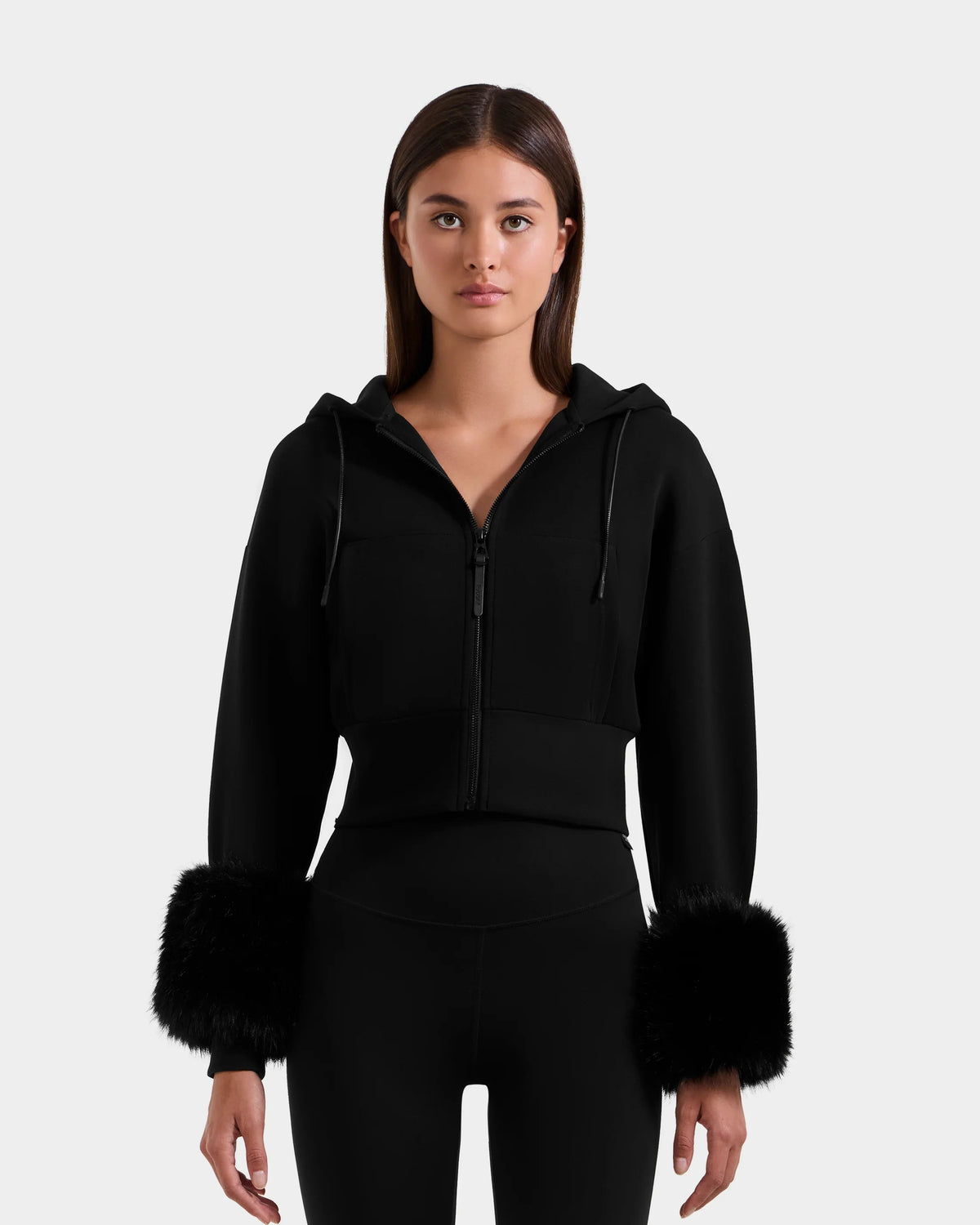ZILLIA CROP HOODIE WITH REMOVABLE FAUX FUR CUFFS - BLACK