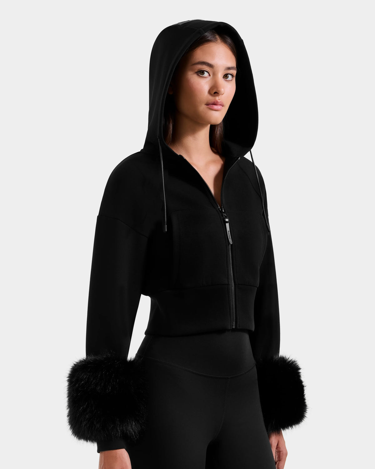 ZILLIA CROP HOODIE WITH REMOVABLE FAUX FUR CUFFS - BLACK