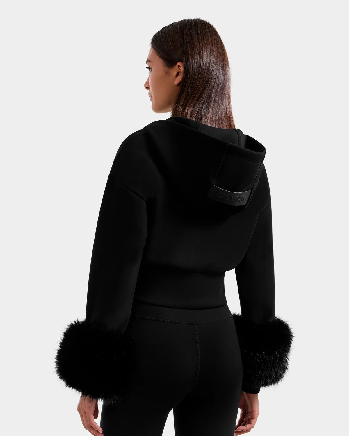 ZILLIA CROP HOODIE WITH REMOVABLE FAUX FUR CUFFS - BLACK