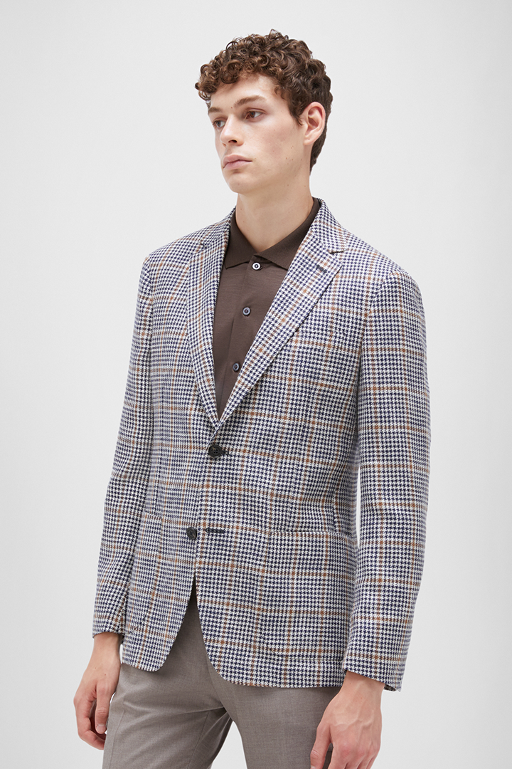 NAVY AND BROWN HOUNDSTOOTH PLAID WOOL BLEND SOFT COAT