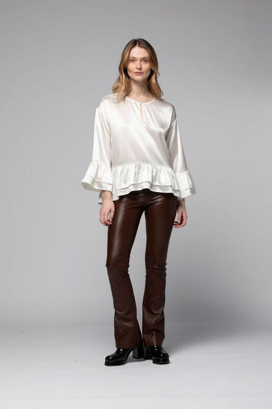 BEYINA LAMBSKIN LEATHER FLARE PANT - CHOCOLATE