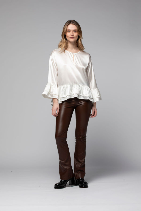 BEYINA LAMBSKIN LEATHER FLARE PANT - CHOCOLATE