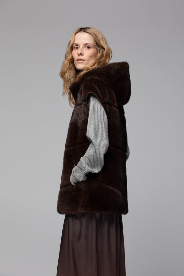 VALORA FAUX MINK HOODED VEST - CHOCOLATE
