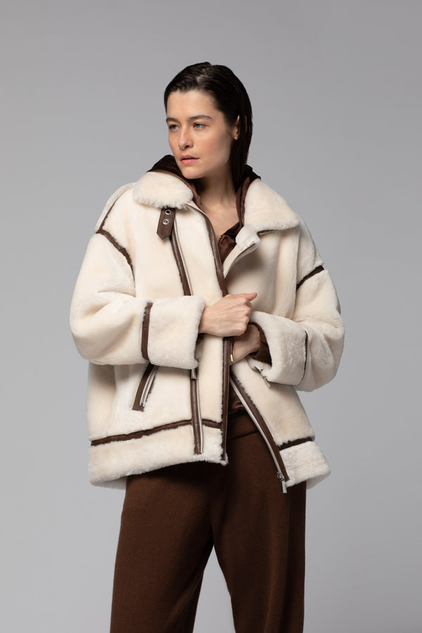 VENISE SHEARLING VIATOR JACKET WITH LEATHER TRIMS - WHITE