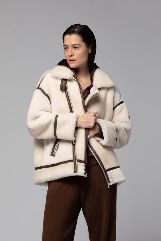 VENISE SHEARLING VIATOR JACKET WITH LEATHER TRIMS - WHITE