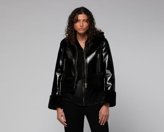 VINTA VINYL JACKET WITH FAUX FUR TRIMS - BLACK