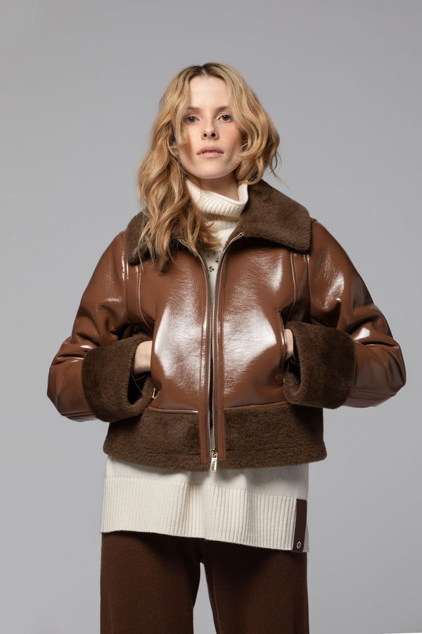 VINTA VYNIL JACKET WITH FAUX FIR TRIMS - CHOCOLATE