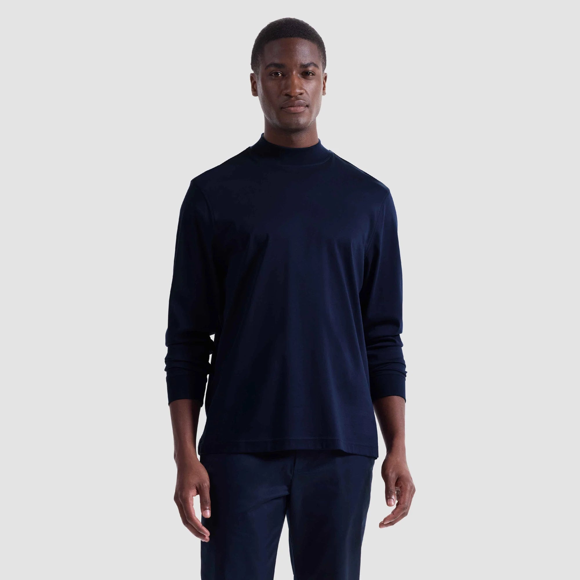 LONG SLEEVE MOCK NECK COTTON T-SHIRT - NAVY