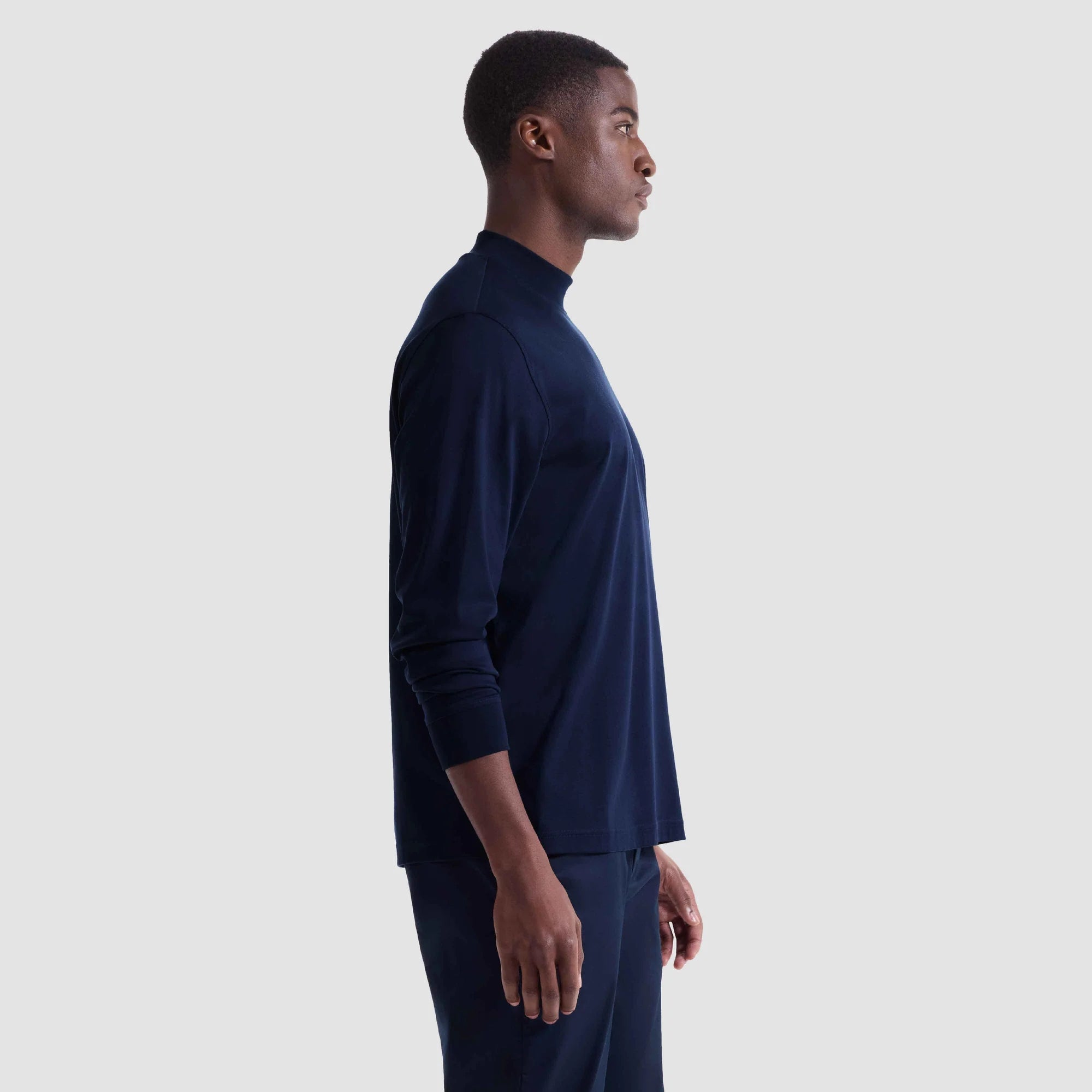 LONG SLEEVE MOCK NECK COTTON T-SHIRT - NAVY