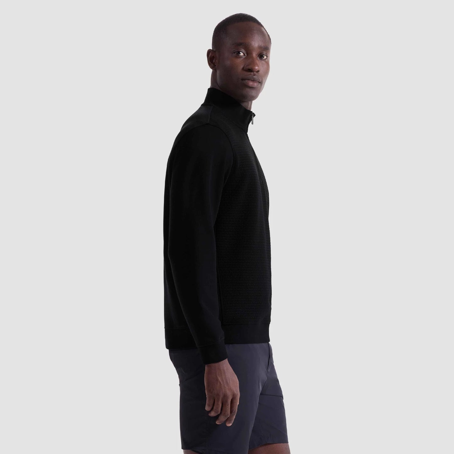 TEXTURED 1/4 ZIP KNIT PULLOVER - BLACK
