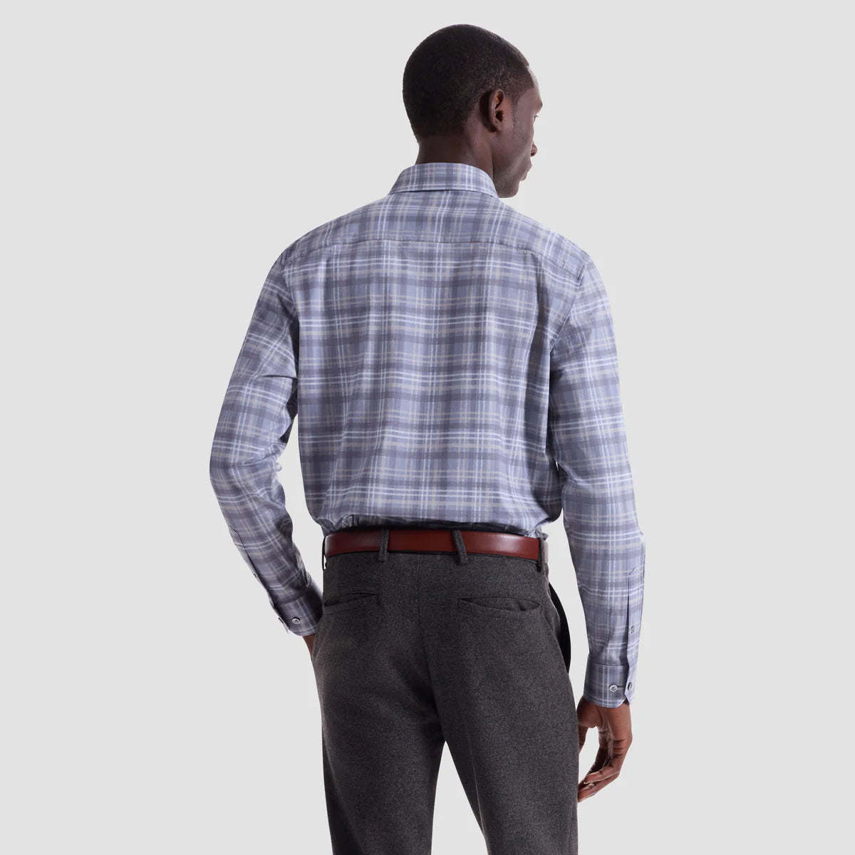 HERRINGBONE STACKED CHECK 8 WAY STRETCH SHIRT - CEMENT