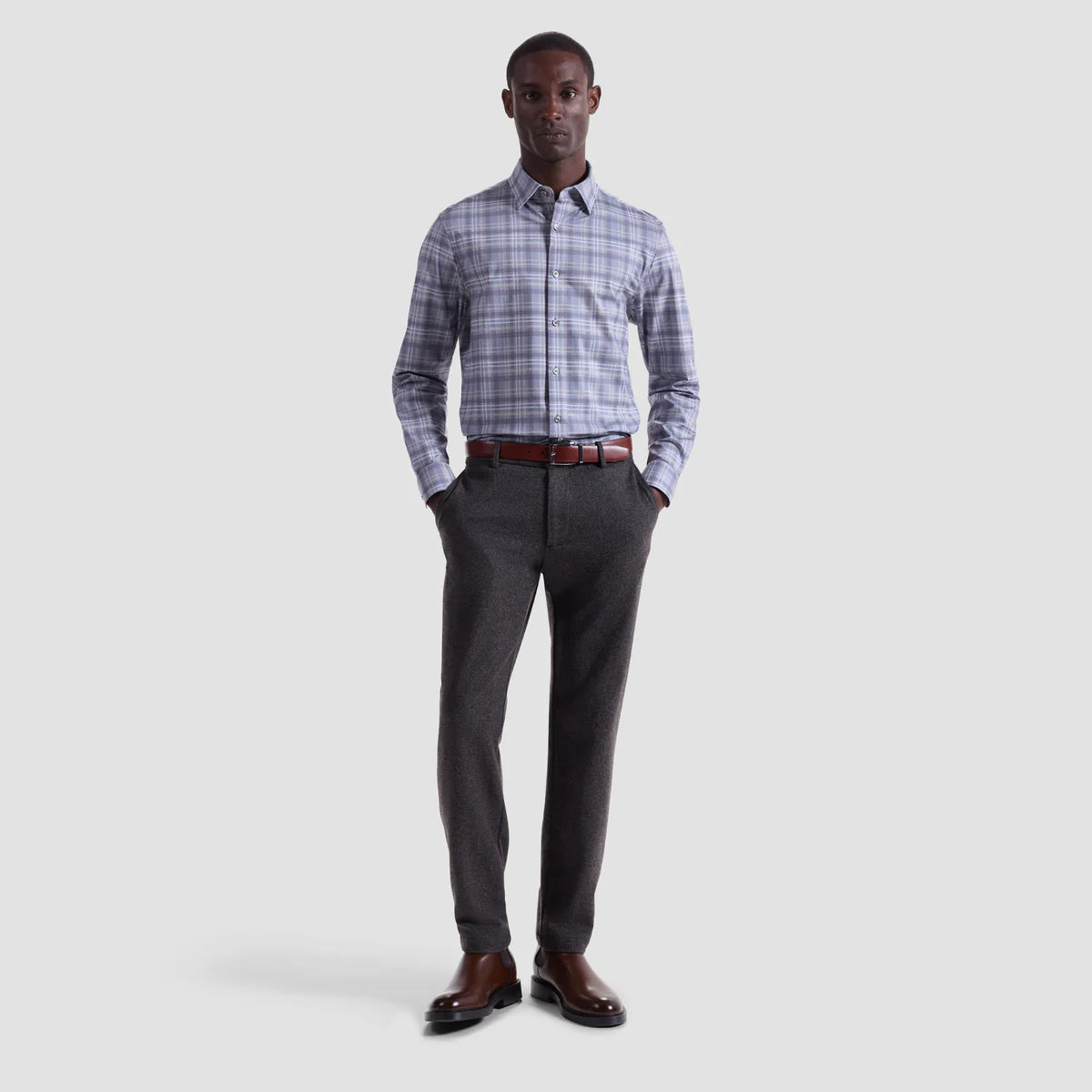 HERRINGBONE STACKED CHECK 8 WAY STRETCH SHIRT - CEMENT