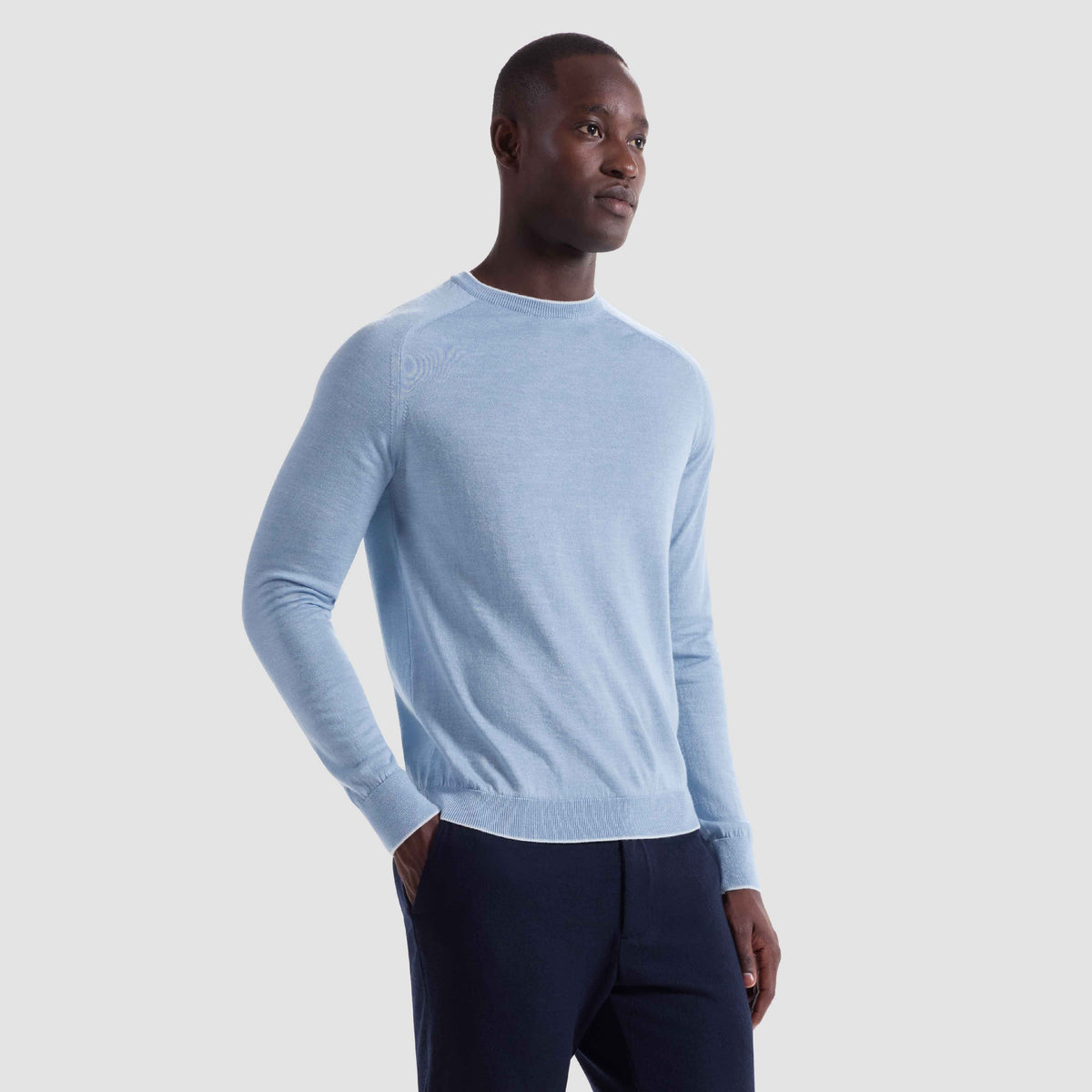 WOOL SILK CREW NECK SWEATER WITH TIPPING - AIR BLUE