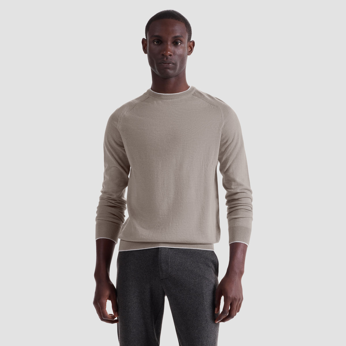 WOOL SILK CREW NECK SWEATER WITH TIPPING - WALNUT
