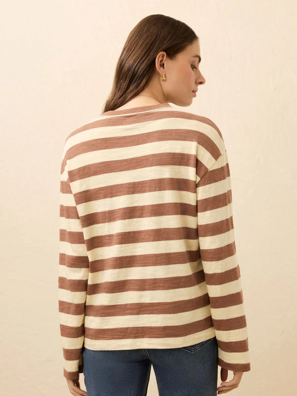 SUNWASHED SLUB LONG SLEEVE RETRO TEE - NUTMEG STRIPE