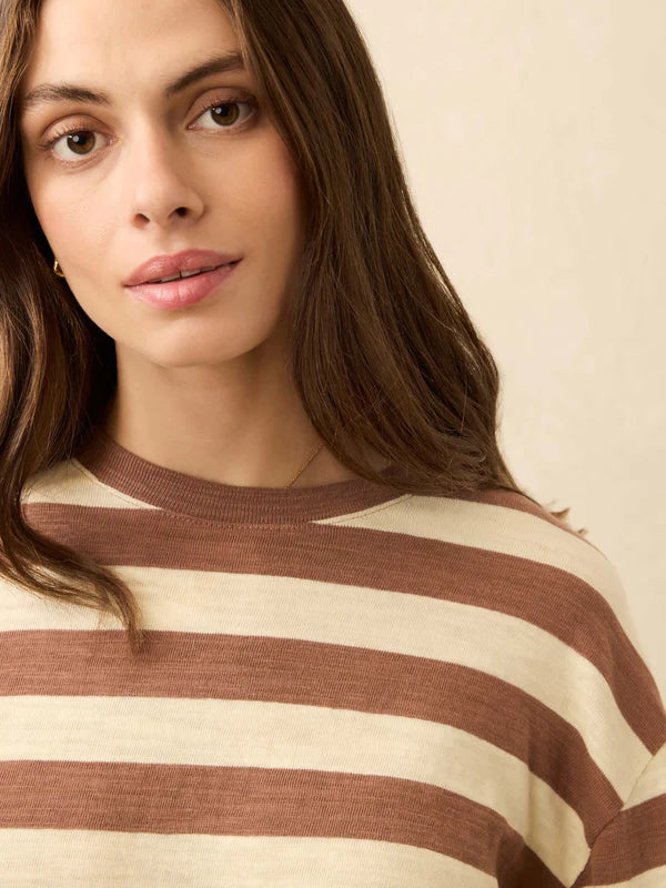 SUNWASHED SLUB LONG SLEEVE RETRO TEE - NUTMEG STRIPE