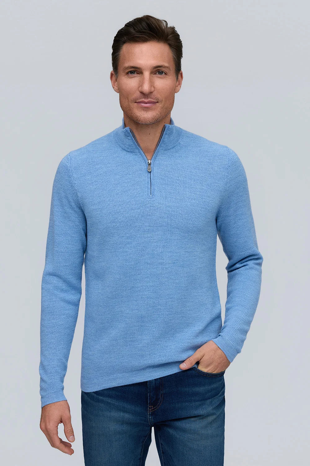 EXTRA FINE MERINO WAFFLE ZIP MOCK SWEATER - WATER