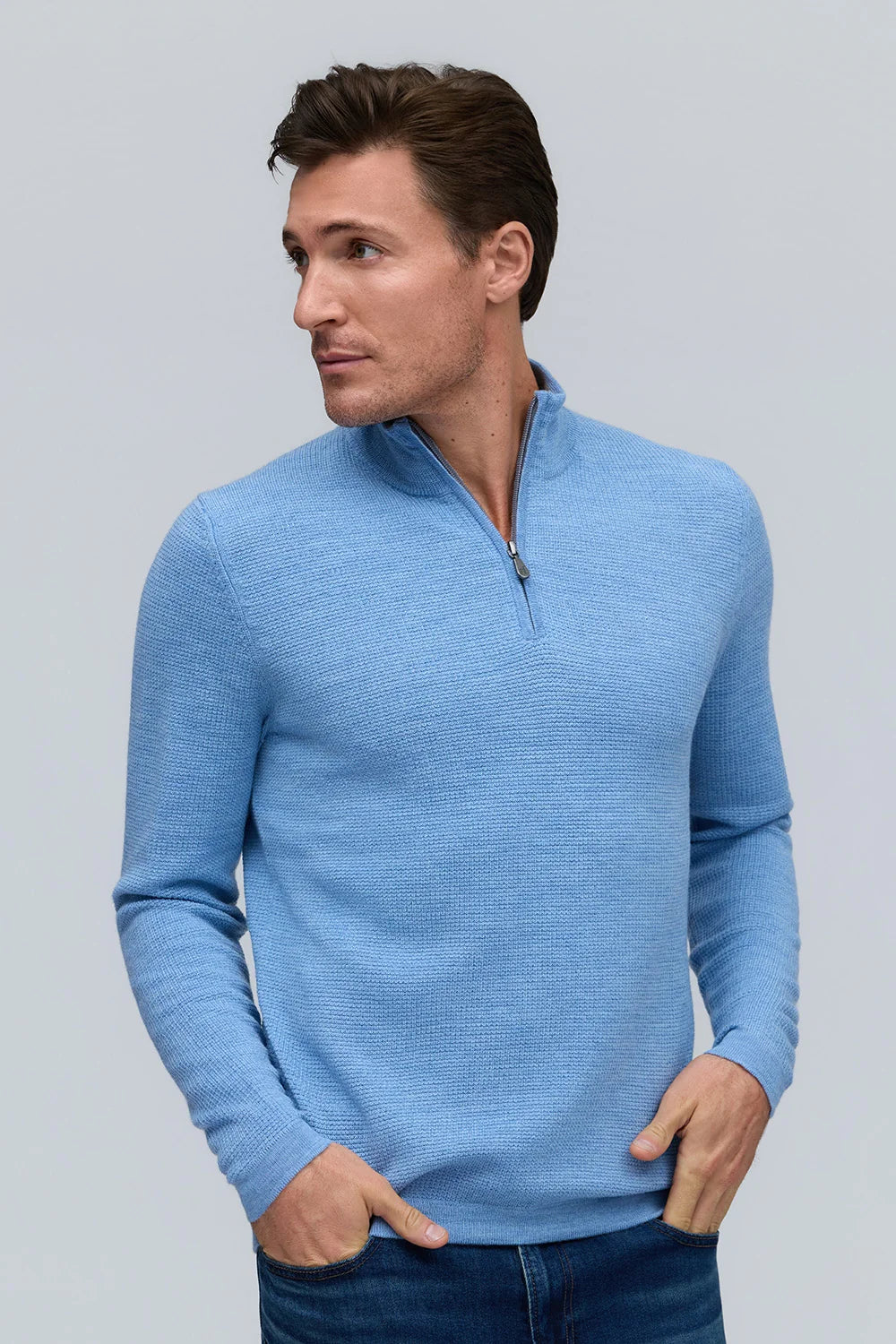 EXTRA FINE MERINO WAFFLE ZIP MOCK SWEATER - WATER