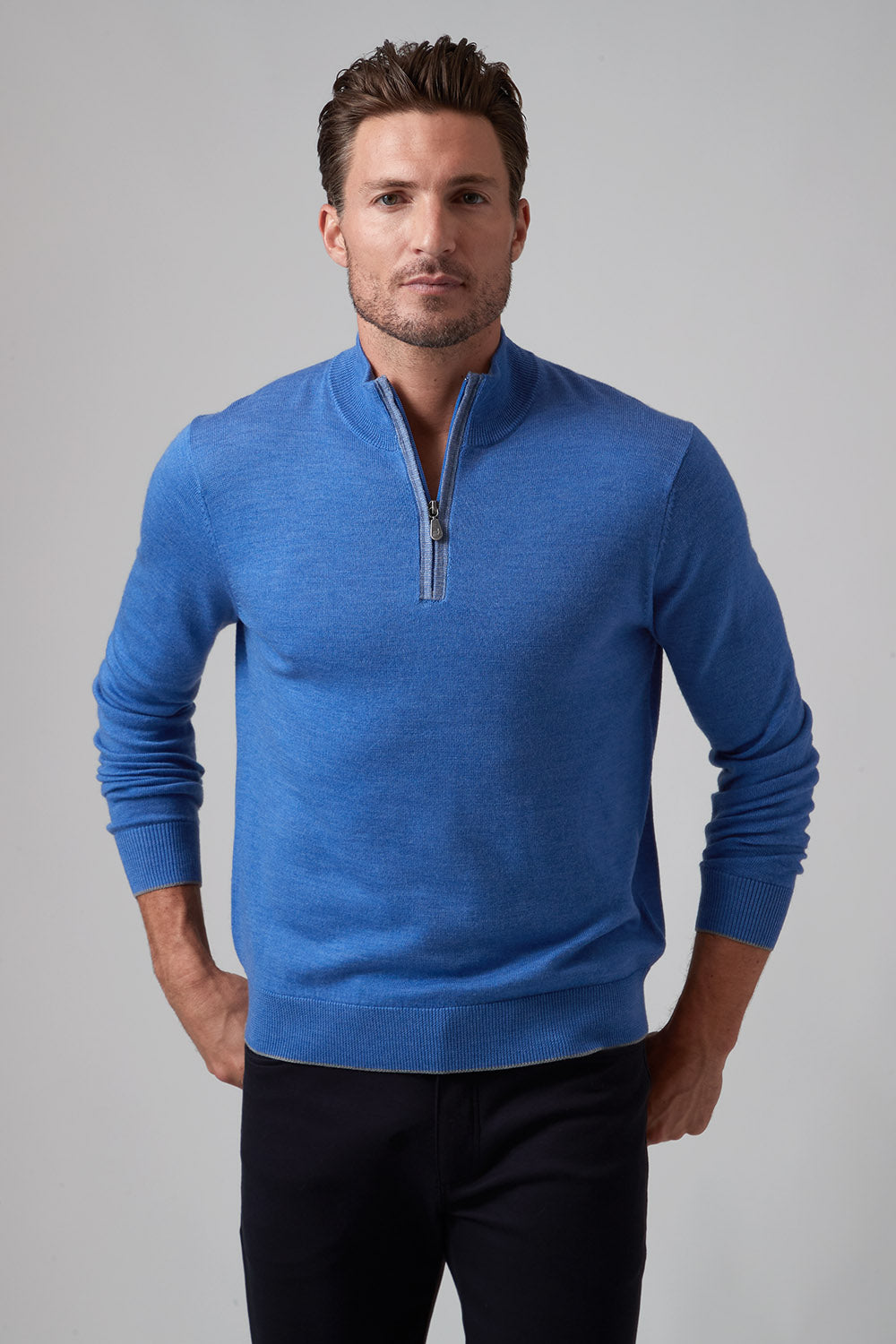 CLASSIC MERINO ZIP MOCK SWEATER - POOL